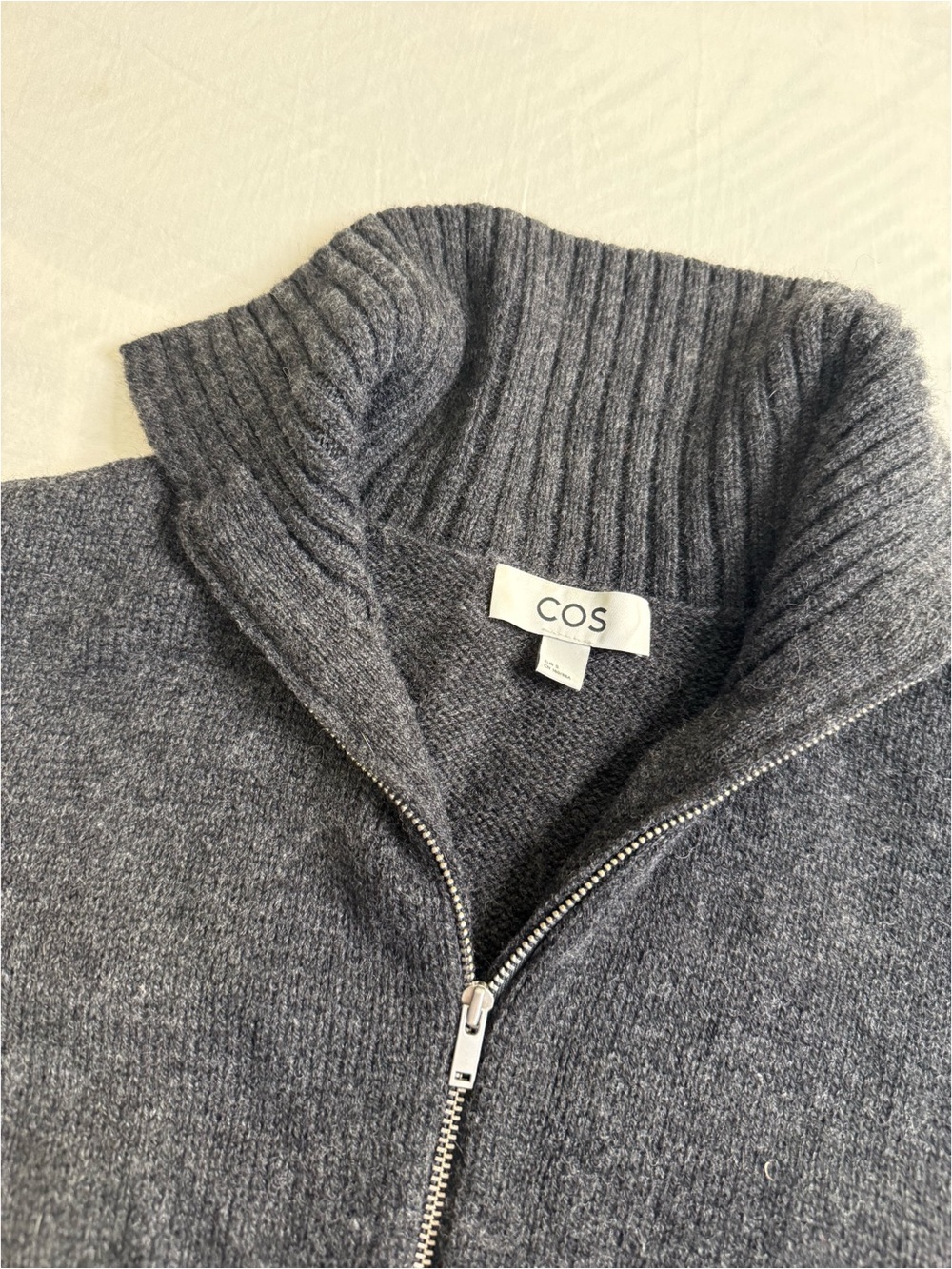 COS Women's Charcoal Zip-Up Ribbed Hem Wool Sweater - Picture 2 of 3